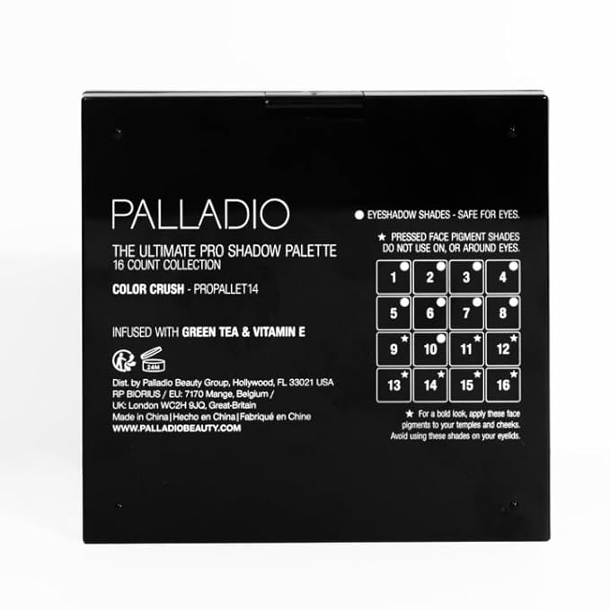 Palladio Ultimate Pro Eyeshadow Makeup Palette, 16 High-Pigmented Powder Colors, Matte, Shimmer, Satin Finishes, Color Crush