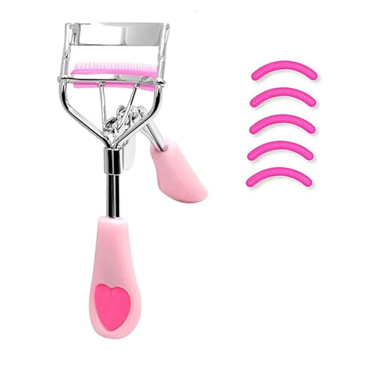 Stainless Steel Eyelash Curler with Built-in Comb Pinch Pain-Free Lash Curler with Brush Suitable for Any Eye Shapes and Sizes and with 5 Silicone Refill Pads (Pink)