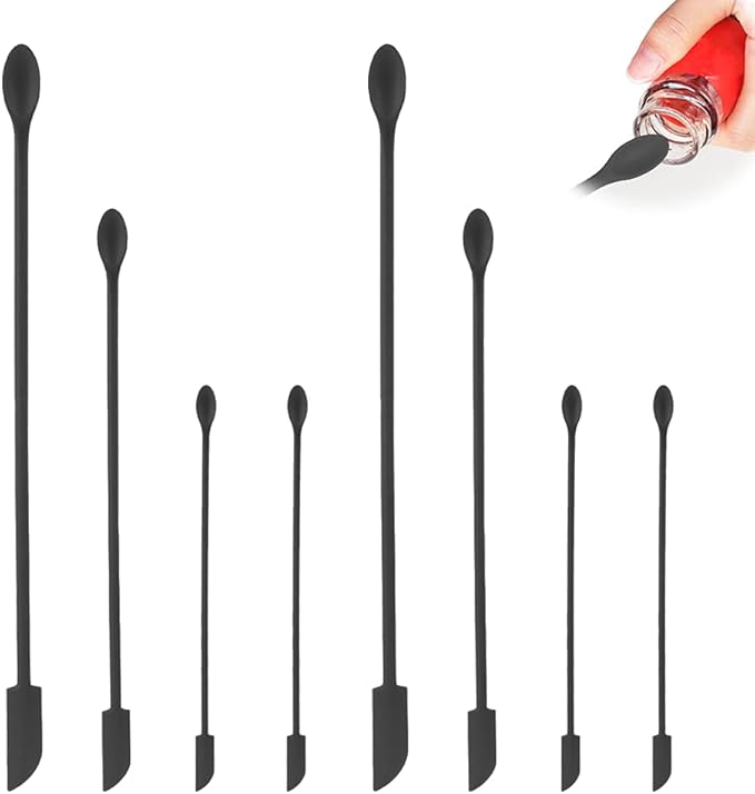 Set of 8 Mini Spatulas Makeup Scraper, MaehSab Silicone Reusable Tiny Thin Jar Scraper for Getting Last Lotion out, Rubber Makeup Long Spoon Bottle Scraper for Kitchen Food Beauty Make up, Black