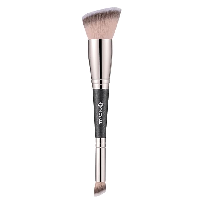 TEOYALL Dual-Ended Foundation Under Eye Concealer Brush, Flat Angled Contour Synthetic Bristles for Liquid Cream Powder