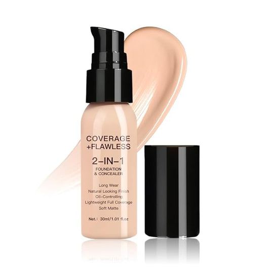 2 in 1 Foundation Concealer, Lightweight Creamy Long Lasting Face Makeup for Combination Oily Skin, Conceals Dark Circles Under Eyes Dark Spots and Blemishes, Vegan Cruelty-Free, Light