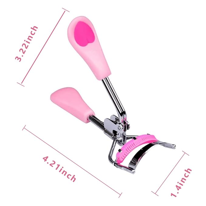 Stainless Steel Eyelash Curler with Built-in Comb Pinch Pain-Free Lash Curler with Brush Suitable for Any Eye Shapes and Sizes and with 5 Silicone Refill Pads (Pink)