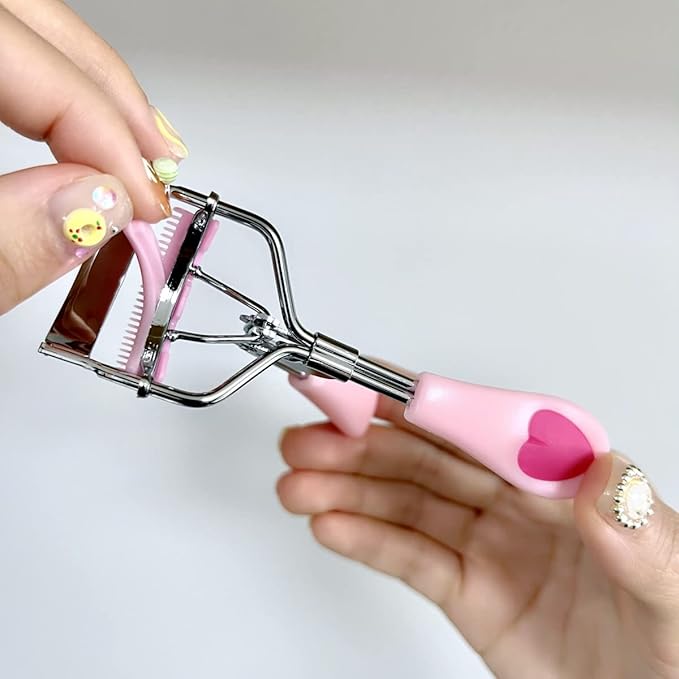 2 Pcs Stainless Steel Eyelash Curler with Built-in Comb Pinch Pain-Free Suitable for Any Eye Shapes and Sizes, with 4 Silicone Refill Pads(Hazy Pink&Light Pink)