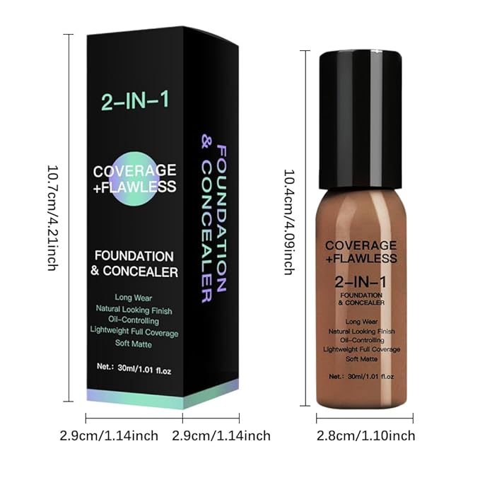 2 in 1 Foundation Concealer, Lightweight Creamy Long Lasting Face Makeup for Combination Oily Skin, Conceals Dark Circles Under Eyes Dark Spots and Blemishes, Vegan Cruelty-Free, Cappuccino