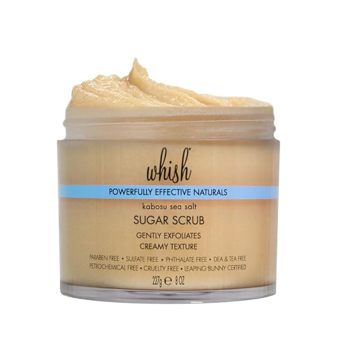 Whish Beauty Kabosu Sea Salt Sugar Scrub - Exfoliating Body Scrub for Women - Brown Sugar Exfoliator with Raspberry, Aloe & Shea Butter - Paraben & Sulfate Free - 8 oz