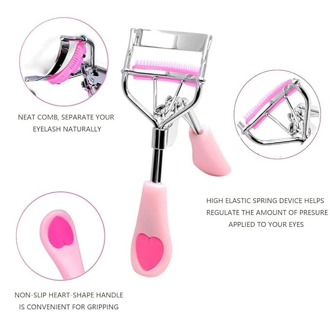 Stainless Steel Eyelash Curler with Built-in Comb Pinch Pain-Free Lash Curler with Brush Suitable for Any Eye Shapes and Sizes and with 5 Silicone Refill Pads (Pink)