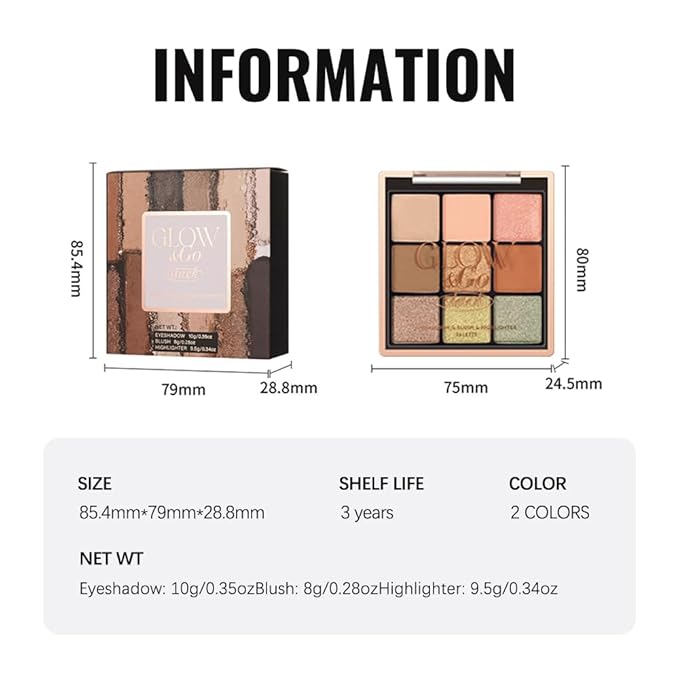 All-in-One Makeup Palette – 9 Color Matte & Pearlescent Eyeshadow, 4 Color Shimmer Highlighter, 2 Color Buildable Blush – Long Lasting, Blendable Face & Eye Makeup Kit (02#, 1 Count (Pack of 1))