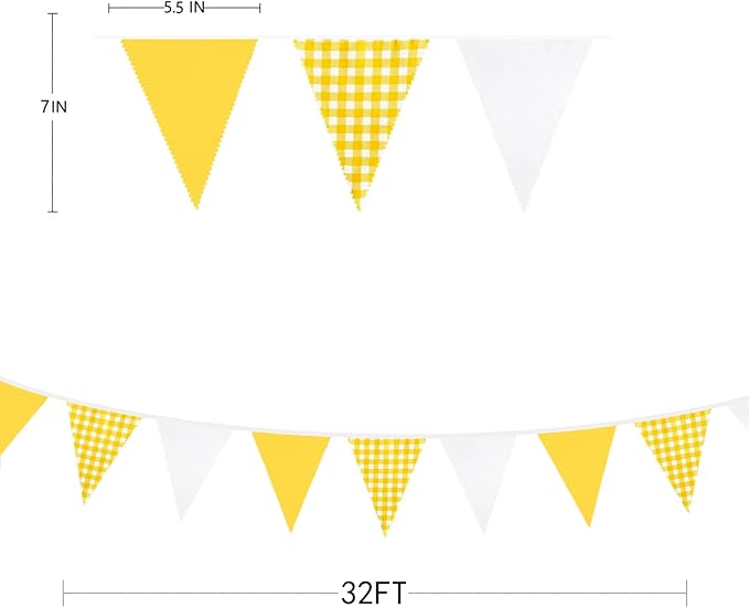 32Ft Yellow Plaid Checkered White Pennant Banner Fabric Gingham Triangle Flag Bunting Garland for Picnic BBQ Bee Sunflower Wedding Birthday Baby Shower Lemon Party Outdoor Garden Hanging Decoration