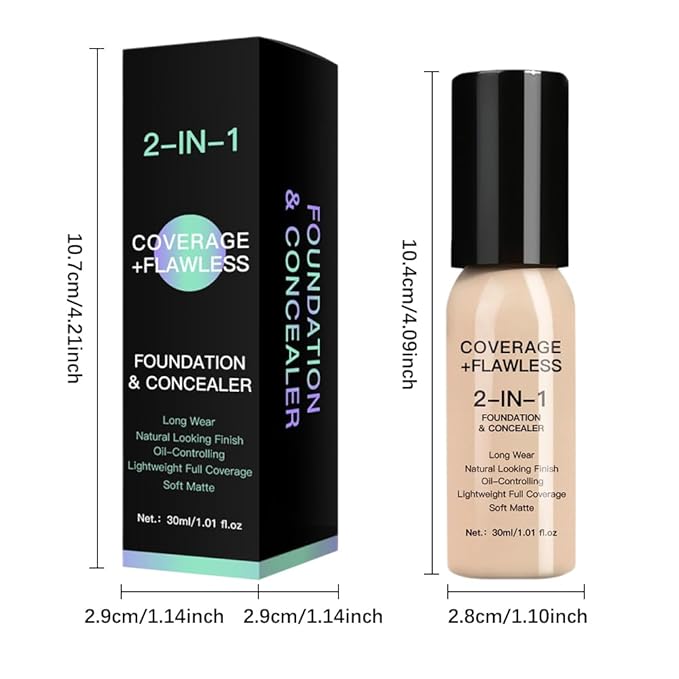 2 in 1 Foundation Concealer, Lightweight Creamy Long Lasting Face Makeup for Combination Oily Skin, Conceals Dark Circles Under Eyes Dark Spots and Blemishes, Vegan Cruelty-Free, Fair