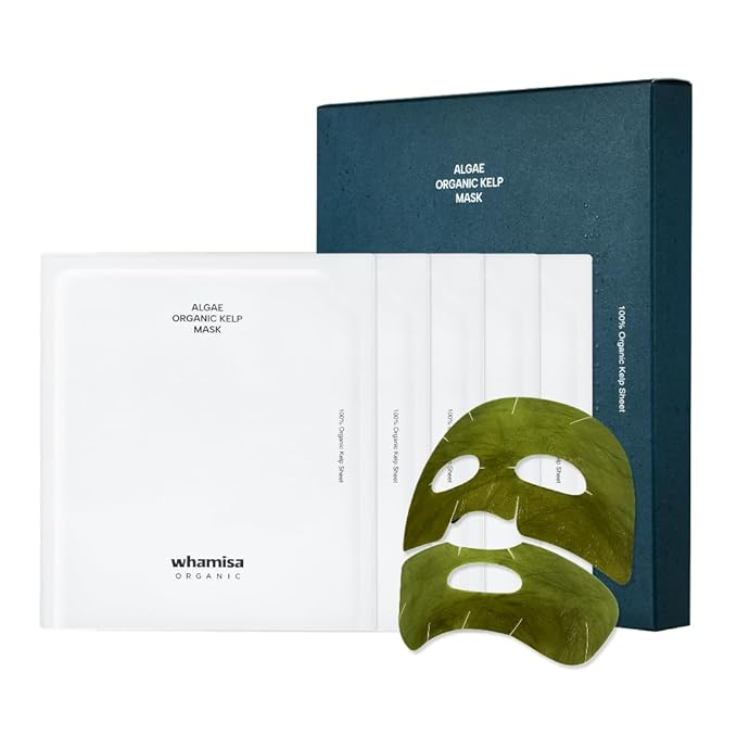 Whamisa Organic Algae Kelp Facial Sheet Mask, De-Puffing, Deep Hydration, Soothing, Moisturizing, Postbiotics, Fermentation (5 PCS/Pack)