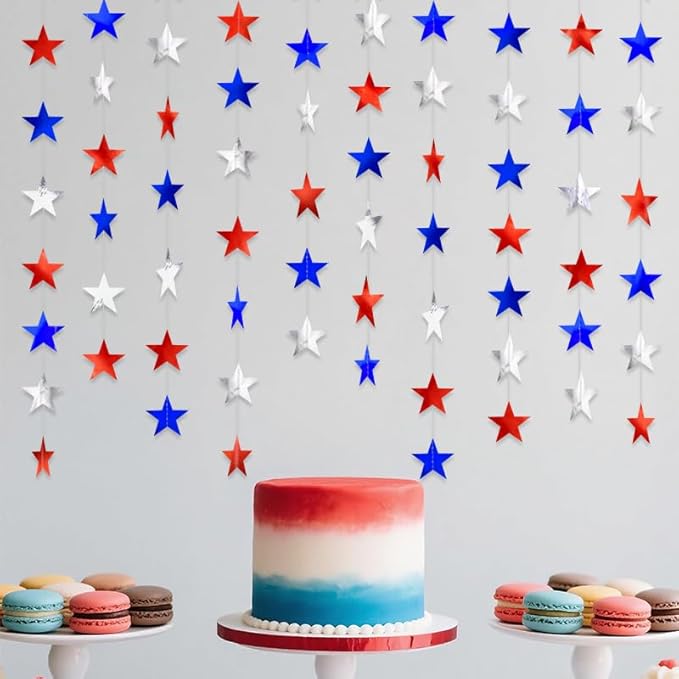 Red Silver and Blue Hanging Star Garland Patriotic Hanging Star Streamer Glitter Star Backdrop for 4th of July, Independence Day, Memorial Day, Veterans Day, Labor Day Decorations Decorations 40 Feet