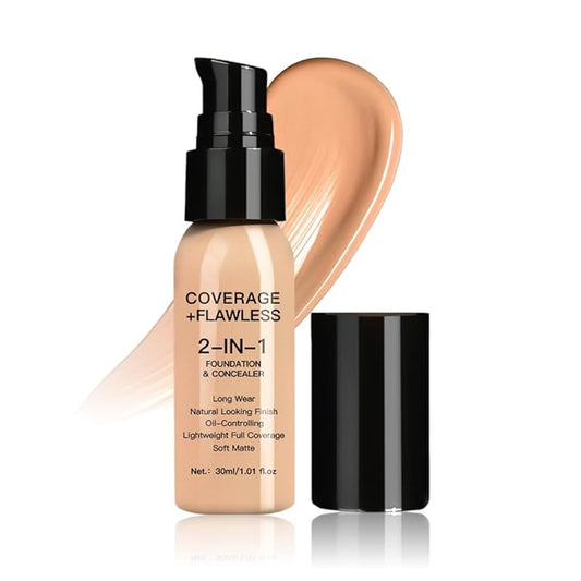 2 in 1 Foundation Concealer, Lightweight Creamy Long Lasting Face Makeup for Combination Oily Skin, Conceals Dark Circles Under Eyes Dark Spots and Blemishes, Vegan Cruelty-Free, Medium