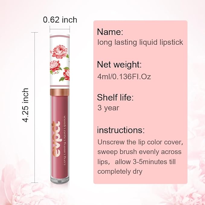 evpct 1Pcs Blush Red Matte Liquid Lipstick Lip Stain Sets for Women, Peony Flower Mauve Red Matte+Lipstick Long Lasting Permanent 24 hr Hours Magic Lipstick 24 Hours original Waterproof, 02#