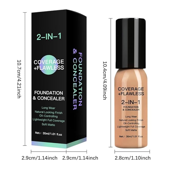 2 in 1 Foundation Concealer, Lightweight Creamy Long Lasting Face Makeup for Combination Oily Skin, Conceals Dark Circles Under Eyes Dark Spots and Blemishes, Vegan Cruelty-Free, Medium Tan