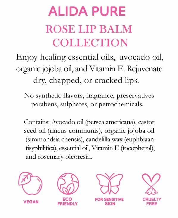 Rose Lip Balm Collection, Vegan Set, Beeswax Free, with Organic Jojoba and Avocado Oil, Vitamin E, Natural Moisturizer for Dry, Chapped Lips, 3 Tube Set