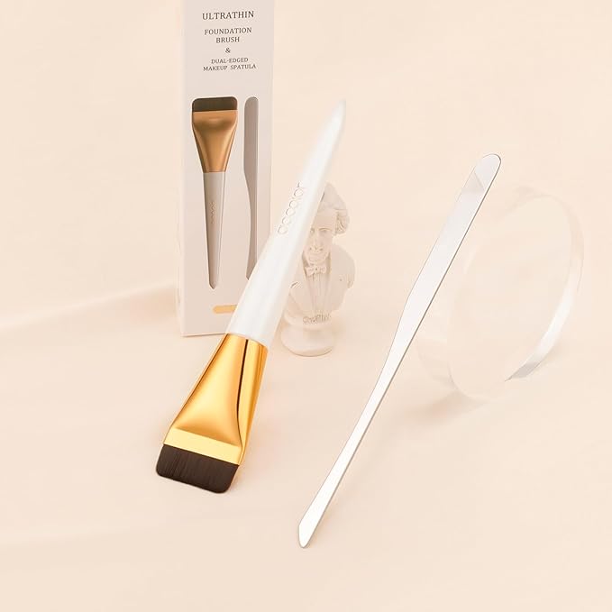 docolor Flat Foundation Brush and Makeup Spatula Set, Thin Liquid Foundation Brushes Dual Edged Spatula Brush Makeup Korean Foundation Brush for Blending, Cream, Thin Makeup Brush &Make Up Spatula