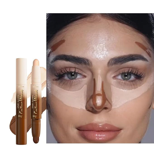 2in1 Cream Contour Highlighter Stick, Neutral Bronzer Makeup Stick, Applies Dual-Ended Sculpting Stick for Face Body, Long Lasting Waterproof No Smudging, Suitable for Makeup Beginners-Medium