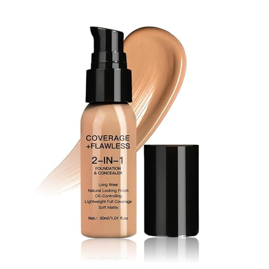 2 in 1 Foundation Concealer, Lightweight Creamy Long Lasting Face Makeup for Combination Oily Skin, Conceals Dark Circles Under Eyes Dark Spots and Blemishes, Vegan Cruelty-Free, Medium Tan