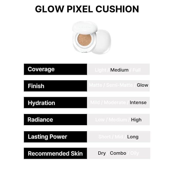 EITHER& Glow Pixel Cushion Foundation, Glowy Skincare, Korean Makeup, Natural Coverage, Moisturizing, Lightweight, Long Lasting Coverage for Flawless Skin (24P Suede)
