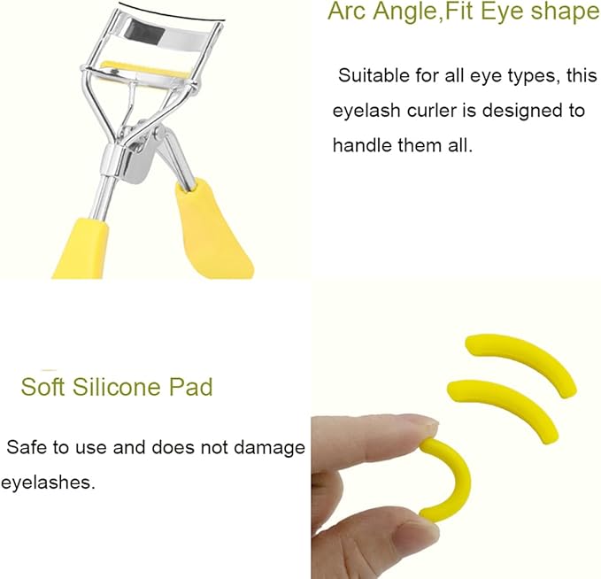 Eyelash Curler - Ergonomic Design for All Eye Shapes, Precision Curl Control, Superior Long- Lasting Curl, Gentle on Lashes, Includes 2PCS Silicone Replacement Pads, Easy to Use (Yellow)