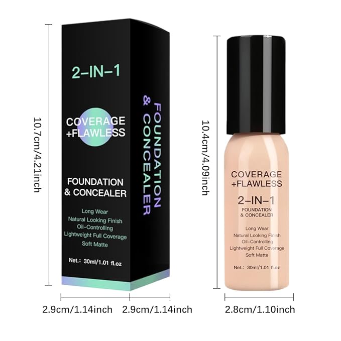 2 in 1 Foundation Concealer, Lightweight Creamy Long Lasting Face Makeup for Combination Oily Skin, Conceals Dark Circles Under Eyes Dark Spots and Blemishes, Vegan Cruelty-Free, Light