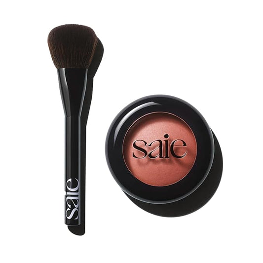 Saie Blush & Brush Duo - SuperSuede Baked Blush in Ciao (.01 oz) & Powder Blush Brush - Talc-Free, Moisturizing Blush with Vegan, Fluffy Brush for Seamless Application