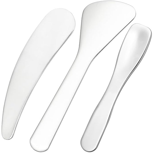 3pcs Mini Metal Makeup Spatula, Reusable Cosmetic Cream Spatulas Spoon, Skincare Scoop Applicator Facial Massage Beauty Tools for Mixing and Sampling Face Eye Cream- Silver