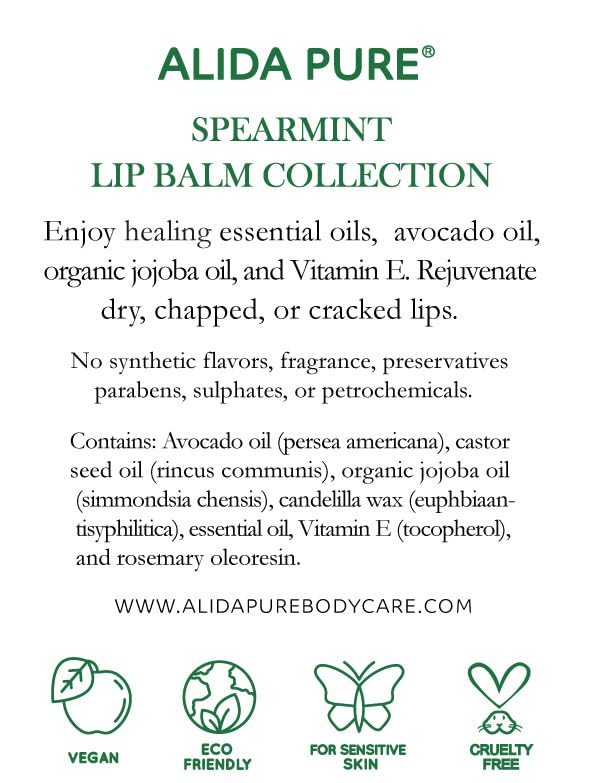 Spearmint Lip Balm Collection, Vegan Set, Beeswax Free, with Organic Jojoba and Avocado Oil, Vitamin E, Natural Moisturizer for Dry, Chapped Lips, 3 Tube Set
