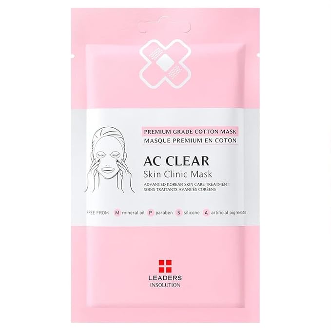 Leaders Insolution AC Clear Skin Clinic Mask | Snail Secretion & Tea Tree Oil for Acne, Redness, Oil Control | 100% Cotton Bemliese Sheet | Balances & Soothes Sensitive Skin (5 Sheets)