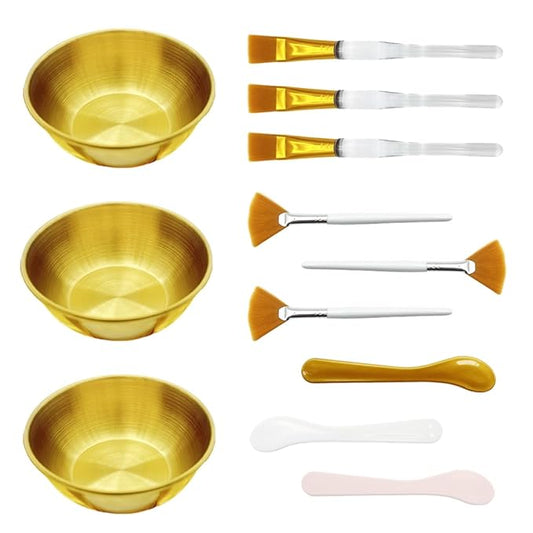 12Pcs Esthetician Facial Supplies 3 Gold Facial Bowls 3 Mud Mask Applicators 3 Fan-Shaped Brushes 3 Flat Brushes - Facial Bowl and Brush Set & DIY Face Mask Mixing Tool Kit