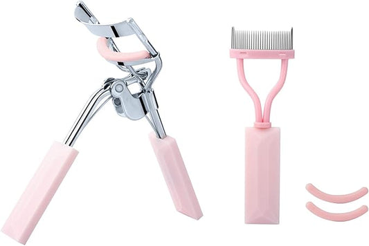 Eyelash Curler and Eyelash Comb Set with 2 Refill Pads (Pink)