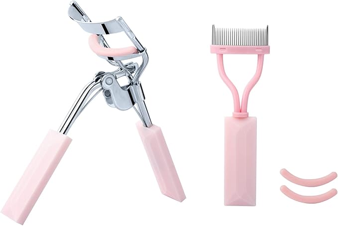 Eyelash Curler and Eyelash Comb Set with 2 Refill Pads (Pink)
