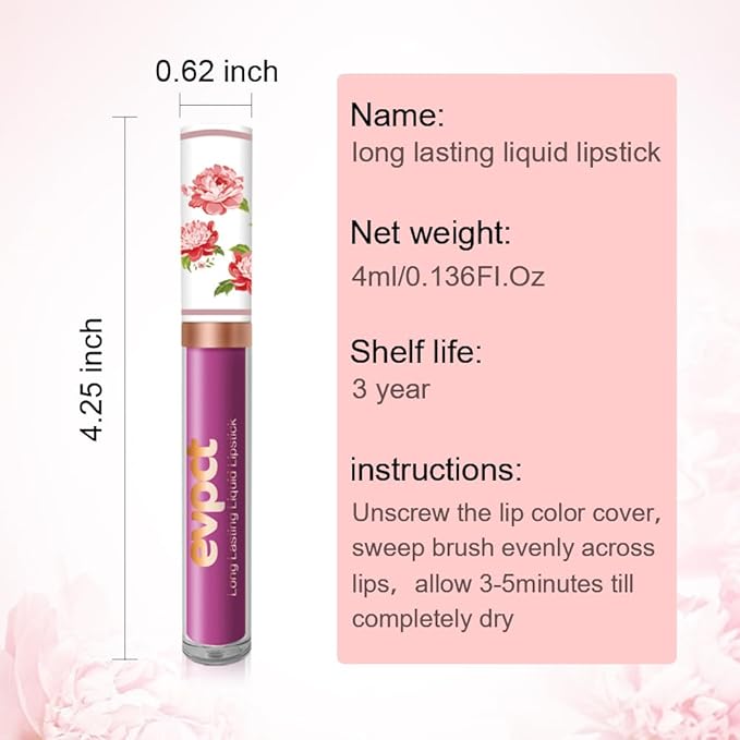evpct 1Pcs Purple Matte Liquid Lipstick Lip Stain Sets for Women, Peony Flower Mauve Violet Pueple Matte+Lipstick Long Lasting Permanent 24 hr Hours Magic Lipstick 24 Hours original Waterproof, 06#