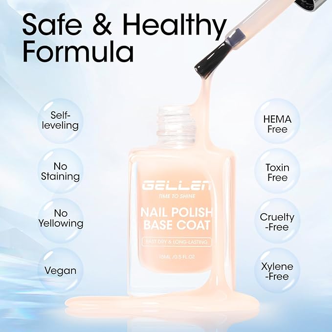 GELLEN 4‑in‑1 Clear Nail Polish Base Coat Sheer Tinted Cream Milky, Ridge Filler For Nails, Nail Strengthener Concealer, Calcium Formula Smoothes Strengthens Nails, Enhances Natural Look, HEMA Free