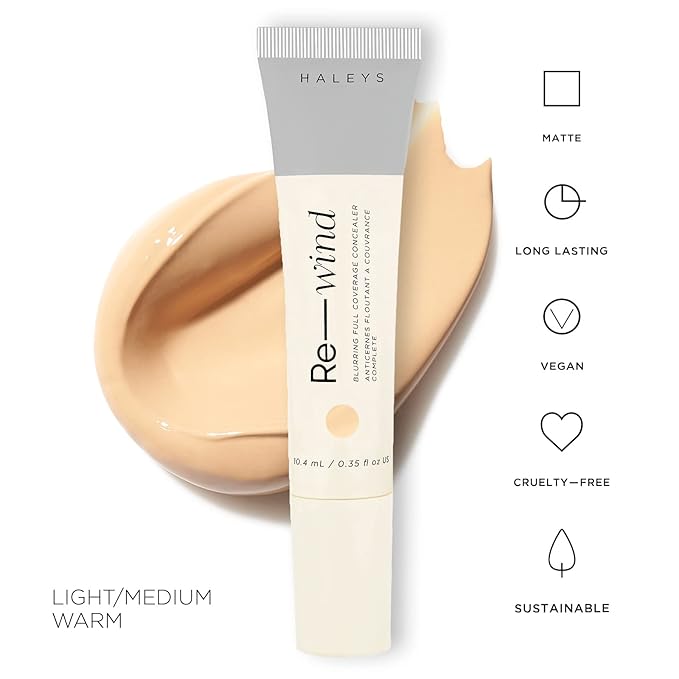 HALEYS Re-wind Blurring Full Coverage Concealer (Light/Medium - Warm), Brighten, Reduce redness, dark circles and fine lines, Non-Caking, Longwear, Nourishes, Lightweight, Soft-Matte Finish, V + CF