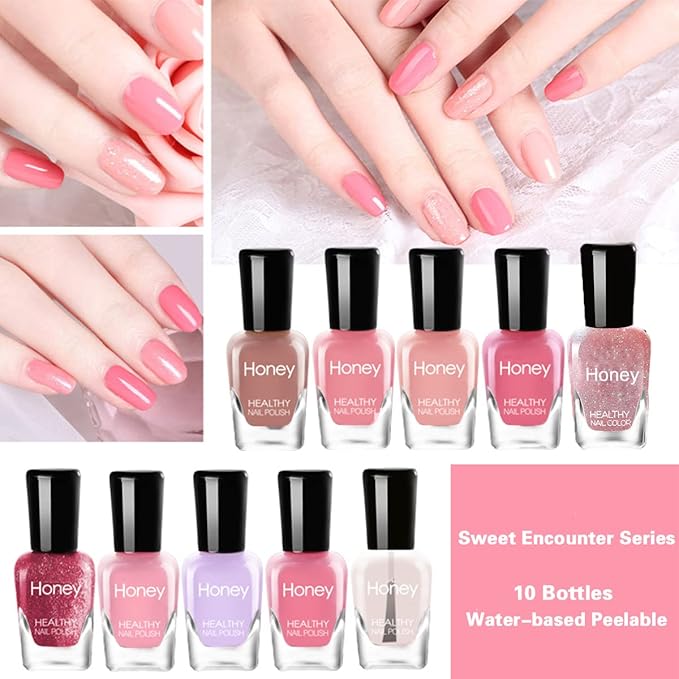 Non Toxic Nail Polish Set, Easy Peel Off and Fast Dry Nail Polish Set for Pack, Eco Friendly and Organic Water Based Nail Polish for Women, Girls, Teens(10 Bottles)
