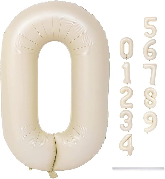 40 In Cream Large Numbers Balloons 0-9, Self Inflating White Sand Foil Number 0 Helium Balloons for Boys Girls, Big Beige Digit 0 Balloons for Women Men Birthday Party Anniversary Supplies Decorations