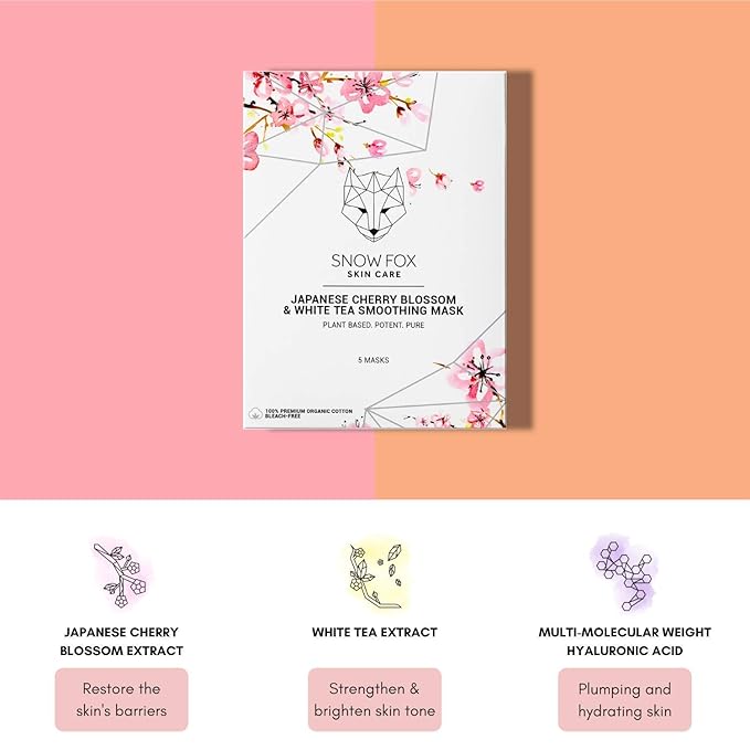 Snow Fox Japanese Cherry Blossom & White Tea Smoothing Sheet Mask – Hydrating Face Mask for Glass Skin Glow & Bridal Makeup Prep – Moisturizing Facial Skin Care for all Types – 5 Pack