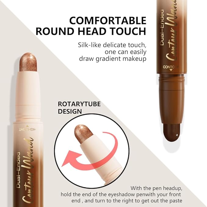 Dual-Ended 2-in-1 Cream Contour & Highlighter Stick Makeup For Face & Body – Waterproof, Long-Lasting, Suitable for All Skin Tones, 06#Black Cocoa + Bronzer Shimmer