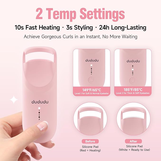 DUDUDU Heated Eyelash Curler, Portable Travel-Size Mini Electric Heated Lash Curler - 2-Level Adjustable Temp & Type-C Recharge, 10S Heat 3S Style 24H Lift for Long-Lasting Natural Effortless Curves