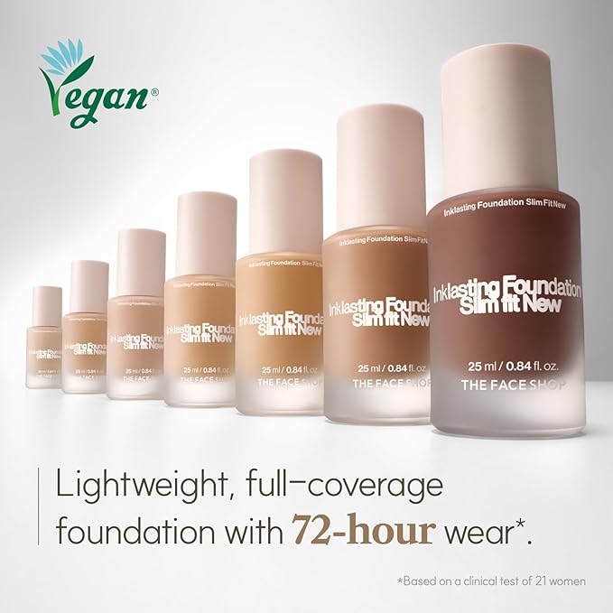 THE FACE SHOP Ink Lasting Liquid Foundation, Full Coverage, 72‑Hour Wear Semi‑Matte Finish, Makeup with Bakuchiol, W410 Walnut, 0.84 Fl. Oz.