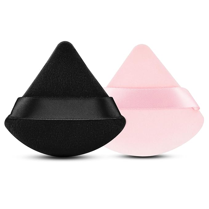 2 Pcs EVAOUXIU Triangle Powder Puff for Face Powder, Soft Plush Setting Powder Puff, Velour Cosmetic Foundation Blender Sponge Beauty Makeup Tools (Black&Pink)