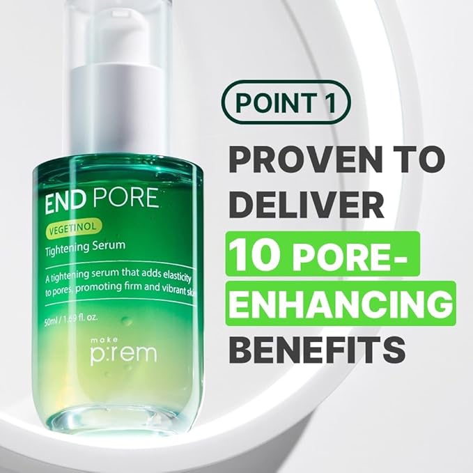 MAKE P:REM End Pore Vegetinol Tightening Serum, Pore Tightening Bakuchiol Serum with Vegan Collagen and Vitamin B Complex for Sensitive Skin, Korean Skin Care, 1.69 Fl. Oz, 50ml