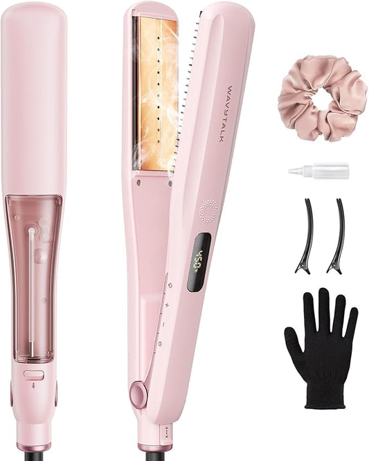 Wavytalk Steam Sesh Hair Straightener, Steam Reduces Damage, Nourishes Hair, and Expedites Straightening, 1.38'' Nano Titanium Flat Iron with Detachable Comb for Silk Press Smoothing & Blowout, Pink