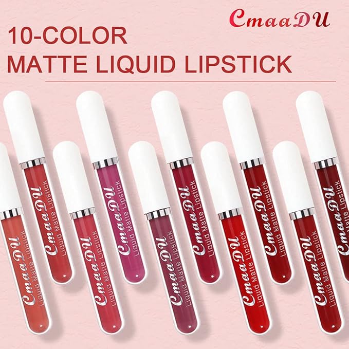 evpct 10Pcs Liquid Matte Matt Lipstick Set for Black Women, Dark Deep Bright Ruby Sexy Brick Mauve Plum Red Violet Purple Matte Lipstick Long Lasting Lipstick 24 hour Waterproof Lip Gloss