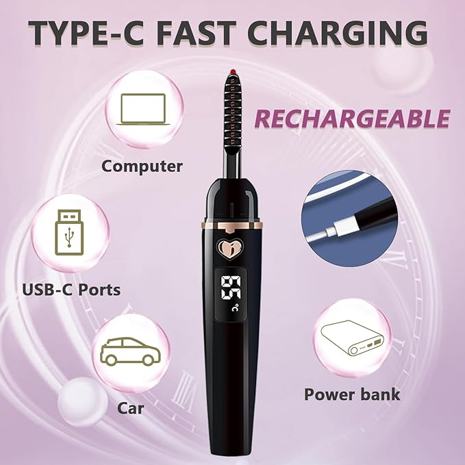 Heated Eyelash Curler - Eyelash Curlers Heated 4 Temperature Modes| Rechargeable Electric Eyelash Curler Pro| Heated Lash Curler for Women with Eyelash Comb Heat up in 8s Anti-Burn Design (Black A)