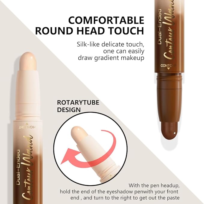 Dual-Ended 2-in-1 Cream Contour & Highlighter Stick – Waterproof, Long-Lasting for Face & Body Makeup, Suitable for All Skin Tones, 01#Nuetral Nude + Beige