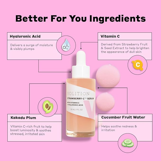 Volition Beauty Strawberry-C Brightening Serum with Vitamin C + Hyaluronic Acid | Soothes, Reduces Excess Oil, Improves Skin Luminosity & Smooths the Look of Wrinkles | Vegan