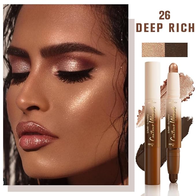 2in1 Cream Contour Highlighter Stick, Neutral Bronzer Makeup Sticks, Applies Dual-Ended Sculpting Stick for Face Body, Long Lasting No Smudging, Suitable for Makeup Beginners-Deep Rich