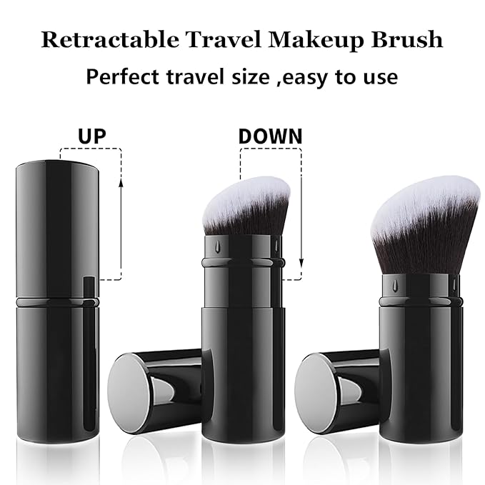 Falliny Retractable Makeup Brush, 2 Pack Travel Kabuki Face Blush Brush, Portable Powder Foundation Sunscreen Brush with Cover for Blush, Bronzer, Buffing, Flawless Powder Cosmetics